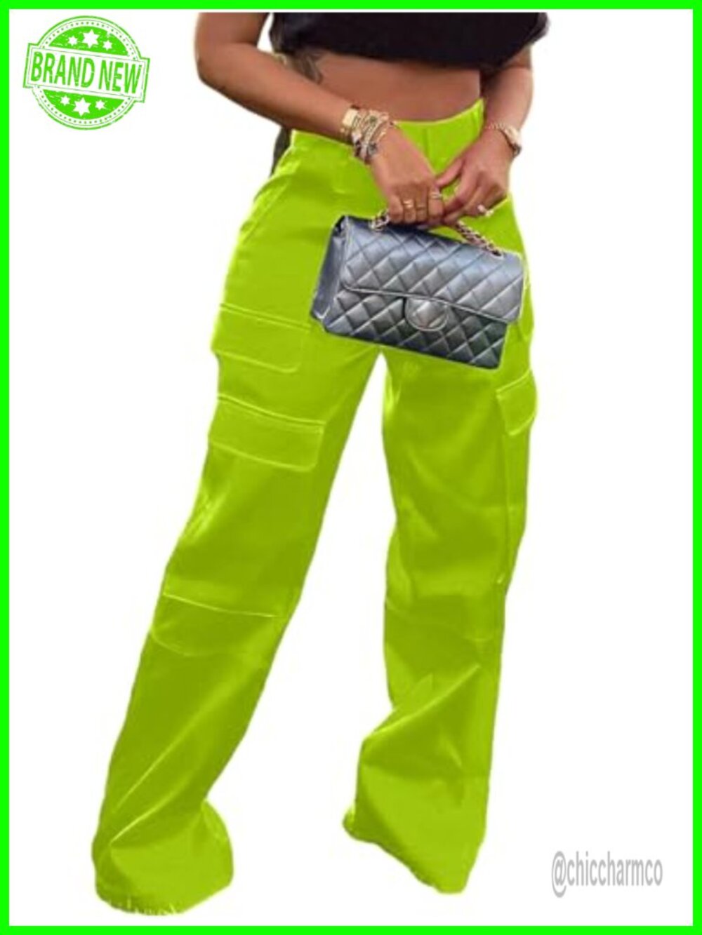 Satin Cargo Pants High Waist Wide Leg Trousers Multiple Pockets